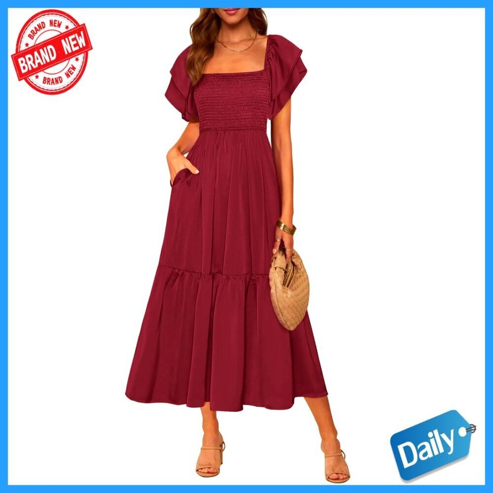 Summer Midi Dress Square Neck Ruffle Sleeve Smocked Waist A-Line Wedding Guest